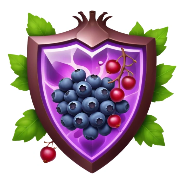 Blueberries, pomegranate, purple grapes, dark chocolate, and green tea leaves floating in a bright purple vortex. A glowing shield surrounds cells, dissolving dark shadow particles representing free radicals. The protective light extends throughout the body, showing antioxidants' protective effects. sticker