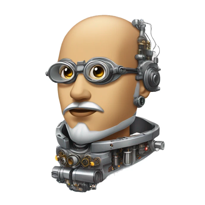 Tan bald male Latino cyborg head with grey beard, silver steampunk monocle goggles and circuits sticker