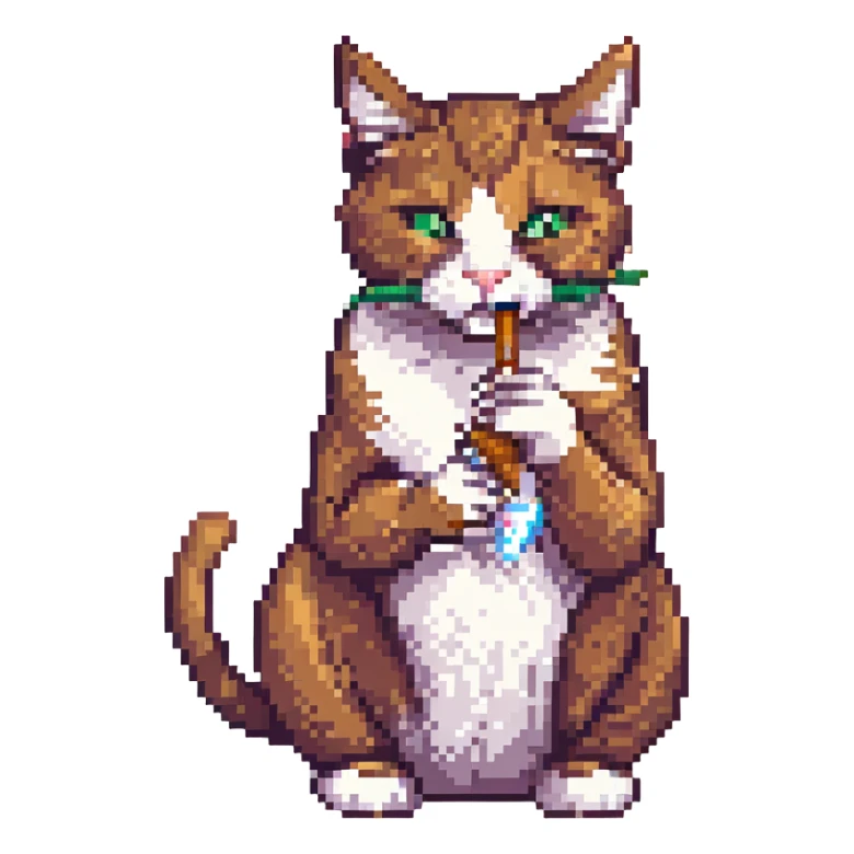 Make the cigar lit and the cat smoking with visible smoke in pixel art style with transparent background. sticker