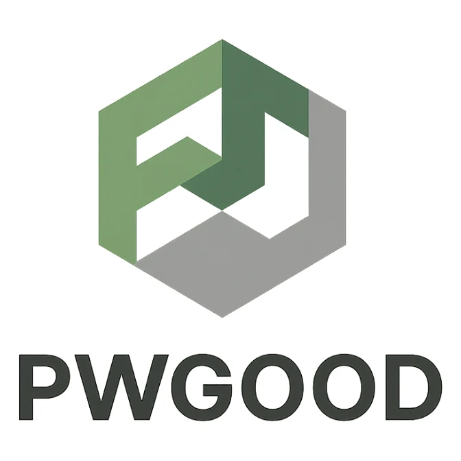geometric logo for 'pwgood' with stylized 'pw' monogram, green and gray palette sticker