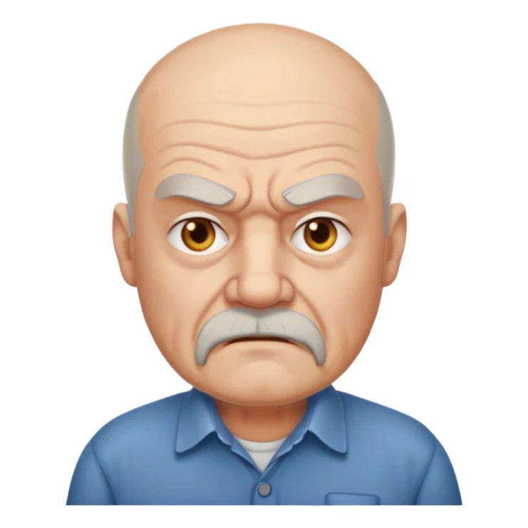 a portrait of angry elderly man, bald head, beard, wearing shirt sticker