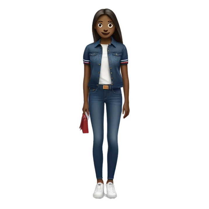 A girl with a tommy hilfiger polo with a dark blue jeans sticker