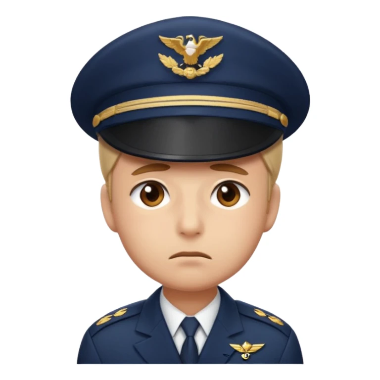 Slack-style emoji of a pilot wearing a navy captain hat feeling sad sticker