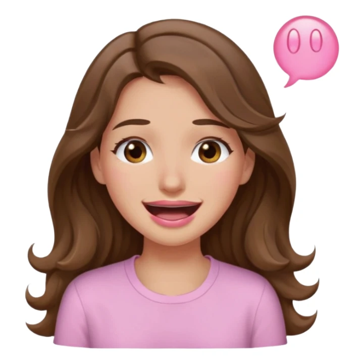 girl with wavy long brown hair, brown eyes, light to medium complexion, long lashes, light pink lipstick, wearing light pink shirt, smiling, crying laughing sticker