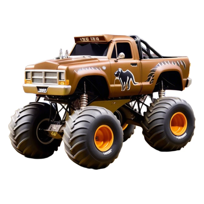 Monster Mutt - Monster Jam (Model Year: 2021) (Iconic colour: Brown with dog features) - A unique monster truck with playful, dog-inspired design cues. The vehicle is painted in warm brown tones and features subtle dog motifs (such as a stylized snout or ear shapes). It should blend the rugged power of a monster truck with quirky, endearing canine features. sticker