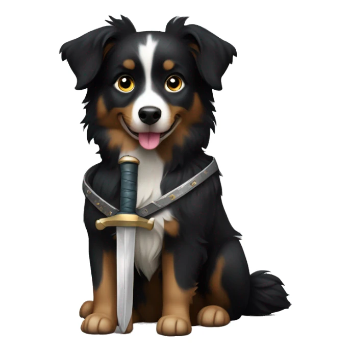 Small black australian shepherd dog with a sword sticker