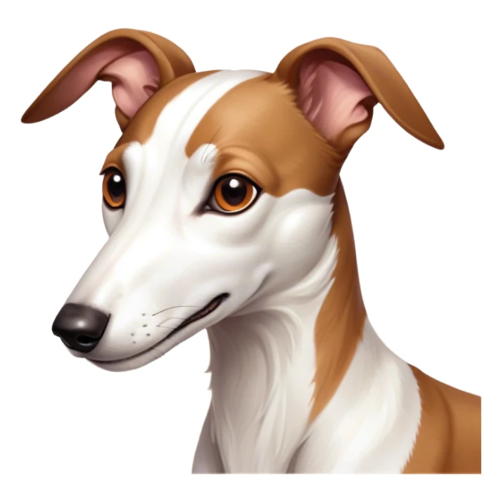 Cinematic Cute White and Brown Greyhound Portrait Emoji, Head tilted playfully and inquisitively, featuring a smooth white Fur with vibrant brown accents and round, sparkling eyes filled with curiosity, Simplified yet irresistibly adorable features, highly detailed, glowing with a warm, friendly glow, high shine, affectionate and nimble, stylized with a touch of whimsy, bright and endearing, soft glowing outline, capturing the essence of a mischievous yet loving racer, so playful it feels like it could sprint out of the screen and into your arms! sticker