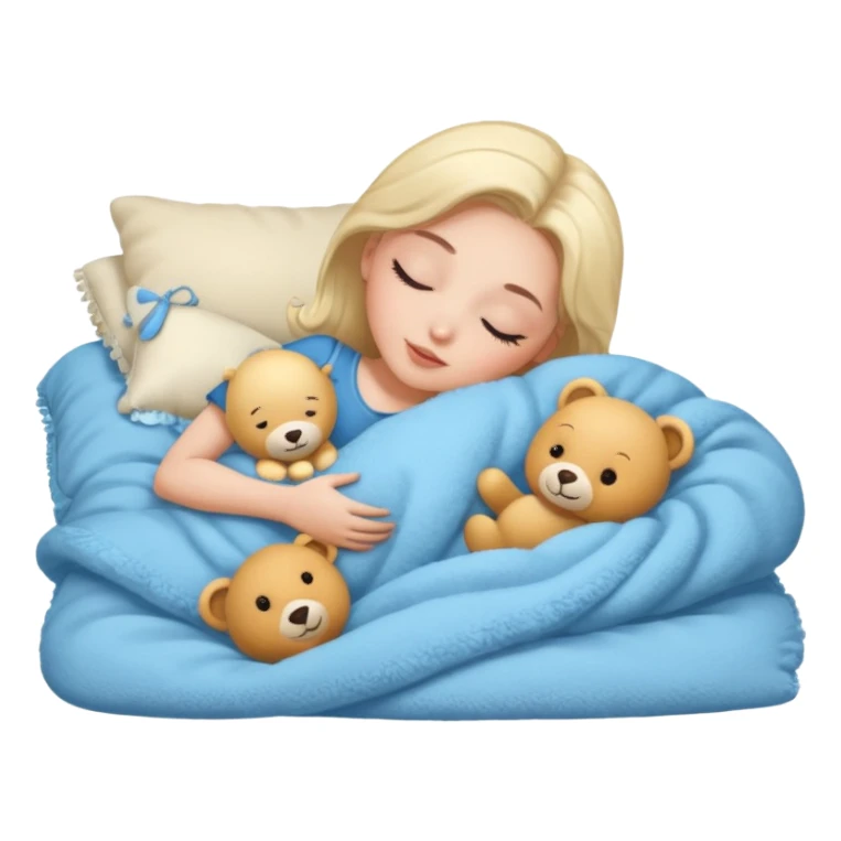 single-girl-in-Warm Cream-cozy-blue-bed-sleeping-pretty-eyelashes-light-skin-with toy sticker
