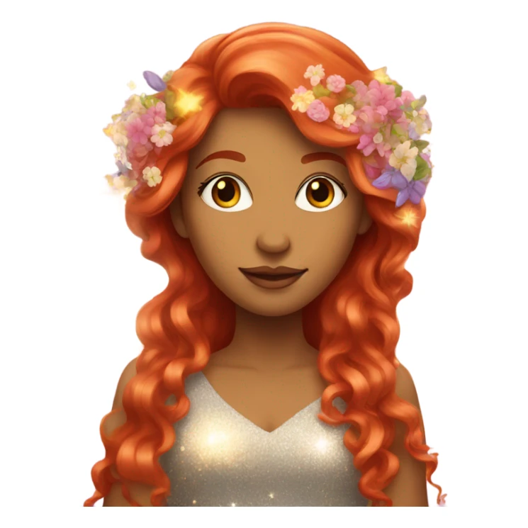 Long Red haired woman with flowers in her hair surrounded by sparkles  sticker