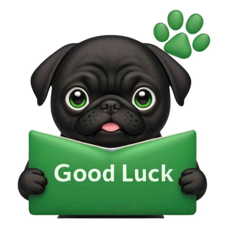 black pug with a green sign reading good luck sticker