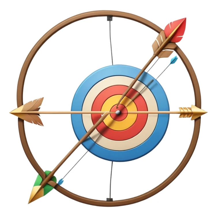 A bow with an arrow drawn back, aimed at a target with concentric rings. The background suggests a calm, outdoor archery range, emphasizing the precision, focus, and skill required in archery as a competitive sport. sticker