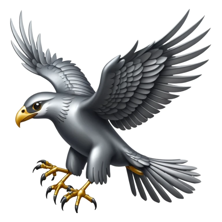 Emoji-style icon of a large metallic predatory bird flying, sharp wings, steel texture, dramatic pose, no gold no yellow sticker