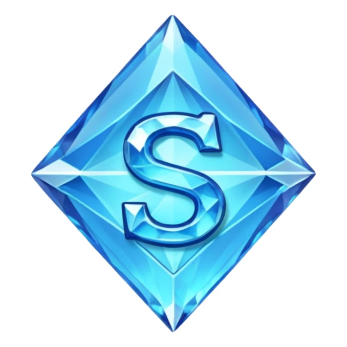 Create a custom emoji badge featuring a stylized, glossy letter “S”. Style it after the Diamond rank from League of Legends. Use crystalline blue tones, sharp reflections, faceted textures, and a high-end glowing frame.
 sticker