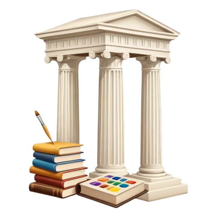 An icon featuring a paint palette, a sculpture, and a book, symbolizing the study of culture and art. The design includes a classical column and a canvas, representing art history and cultural exploration. Transparent background highlights the connection between creativity and history. sticker