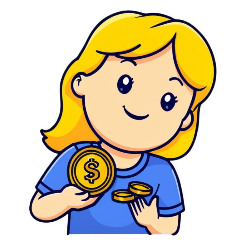 smiling blonde girl holding gold coins sticker