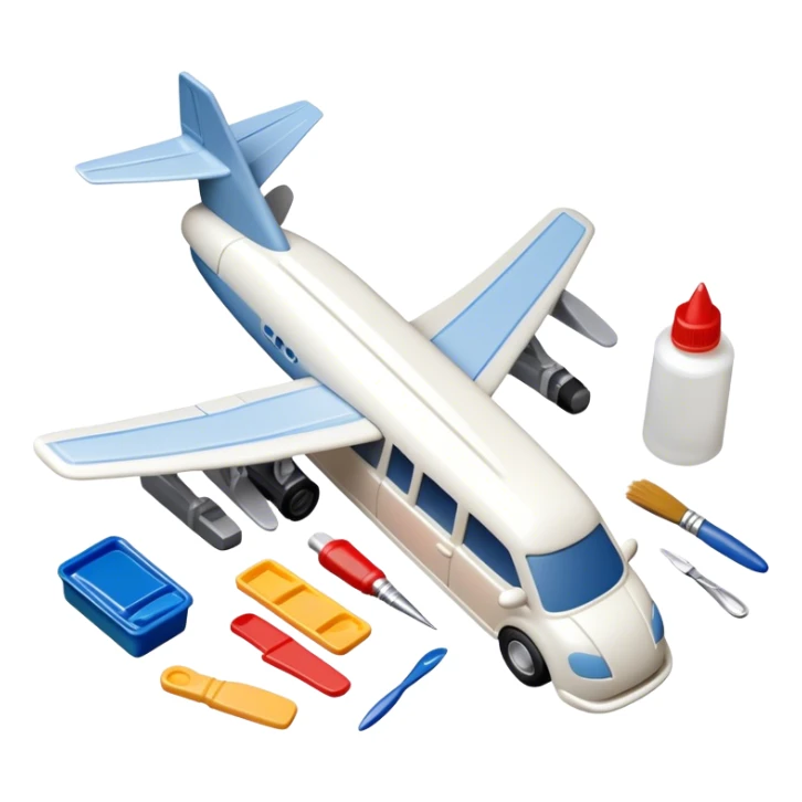 model-building tools like glue, paint, small paintbrushes, and pieces of a plastic model car or airplane in the process of being assembled. The design includes detailed textures of the model pieces and tools, capturing the focus and creativity of model building. Transparent background. sticker