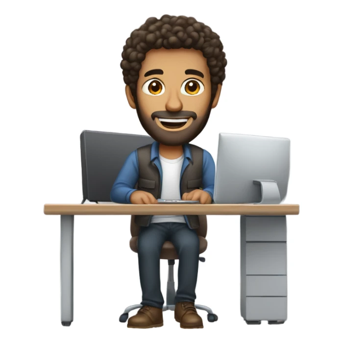 tall men working with his computer. light brown skin men with curly dark brown hair, brown eyes, little grown beard. imposing, bit muscular build. dressed casual. sticker