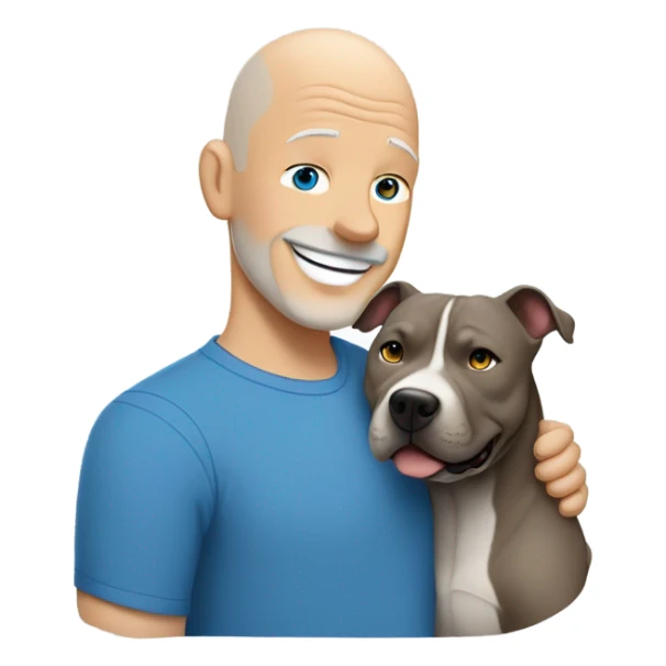 bald white mature man no beard blue eyes and blue tshirt Hugging large gray smiling pit bull sticker