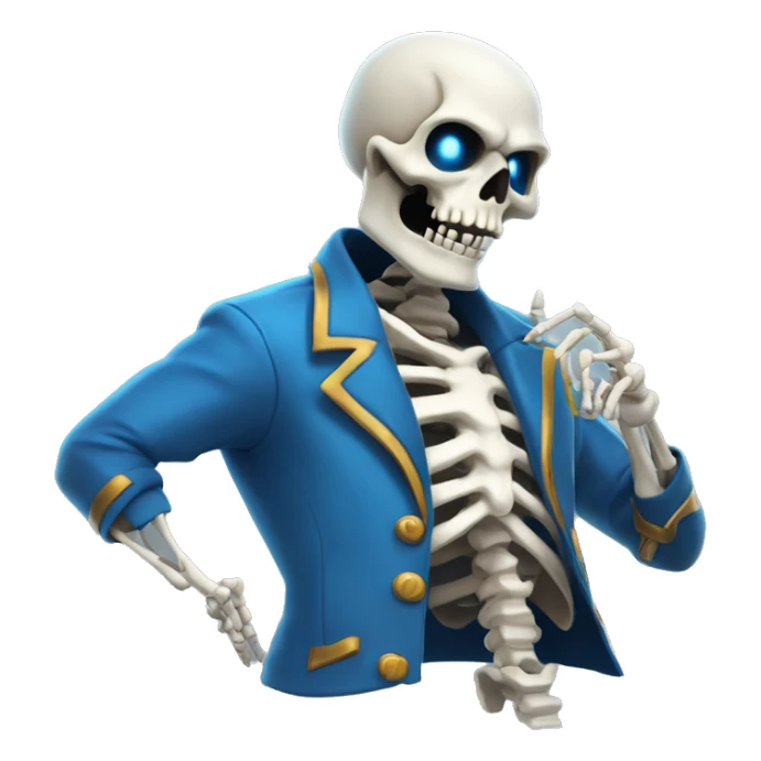 Skeleton with ONE blue glowing eye summoning mahoraga in a blue jacket with a white shirt sticker