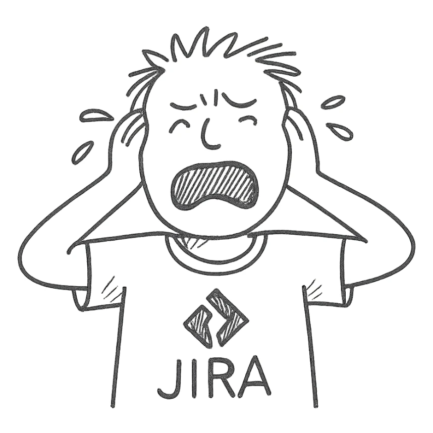 screaming IT guy wearing an Atlassian Jira t-shirt, hand drawn outlined icon sticker