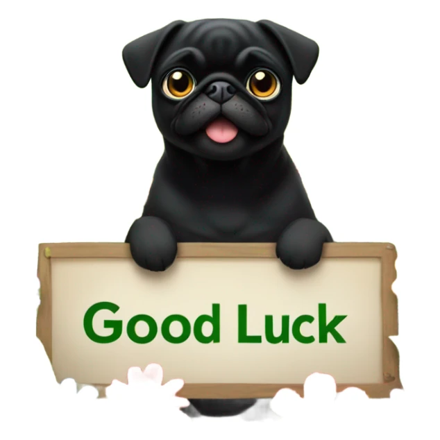 Black pug , surrounded by flowers, holding a green sign that says “good luck”  sticker