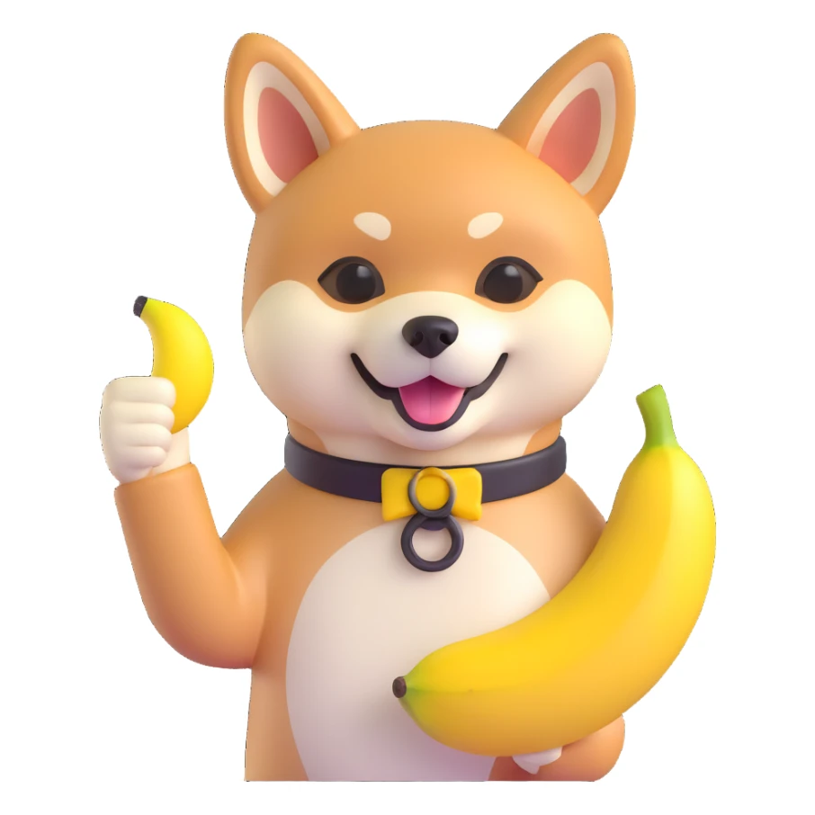 shiba inu showing thumb up and having banana sticker