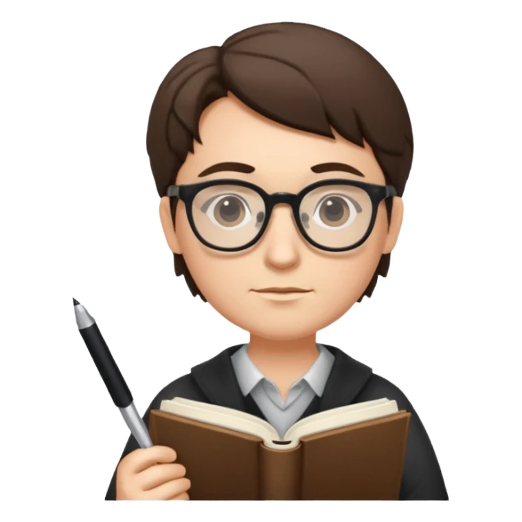 writer holding pen and book, wearing glasses sticker