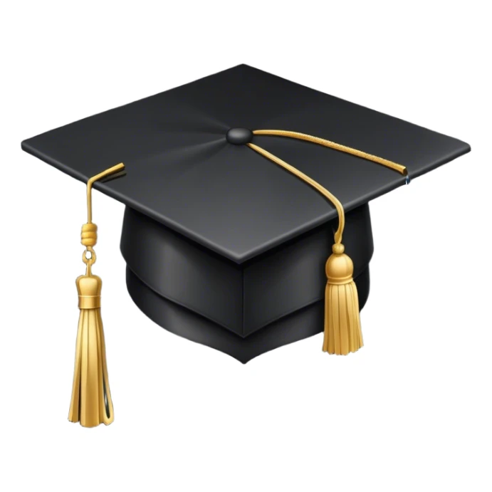 A classic black graduation cap (mortarboard) with a flat, square top and a golden tassel hanging from one corner. The tassel is slightly curved as if gently swaying. The cap is positioned at a slight angle, appearing elegant and academic. The background is plain white sticker