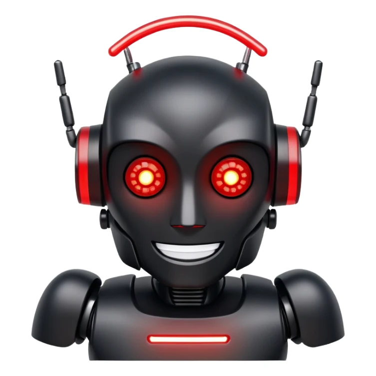 modern face of a black robot with white led eyes, red leds on robot, brave pose, smiling sticker