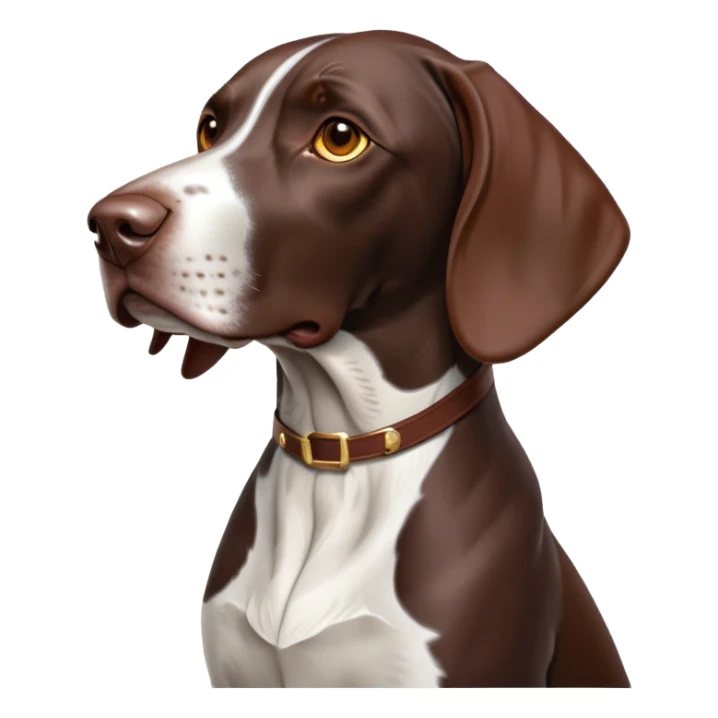 Cinematic Noble German Pointer Portrait Emoji, Poised and regal, with a lean, athletic build and a sleek, short coat in liver and white, deep-set soulful brown eyes, Simplified yet sharp and sophisticated features, highly detailed, glowing with a soft, dignified glow, high shine, intelligent and driven, stylized with an air of determination, focused and attentive, soft glowing outline, capturing the essence of a watchful and commanding hunter, so majestic it feels as though it could sprint out of the screen with effortless authority! sticker