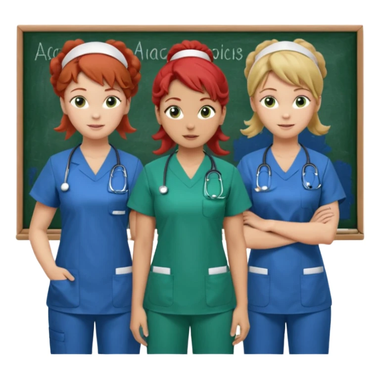 3 nurses: nurse 1 is wearing green work clothes, curly hair, middle european. nurse 2 is wearing blue work clothes, blond straight hair, scandinavic, nurse 3 is wearing white work clothes, red hair put into a bun, slavic. they all stand in a classroom, "Academy" written in white on board sticker
