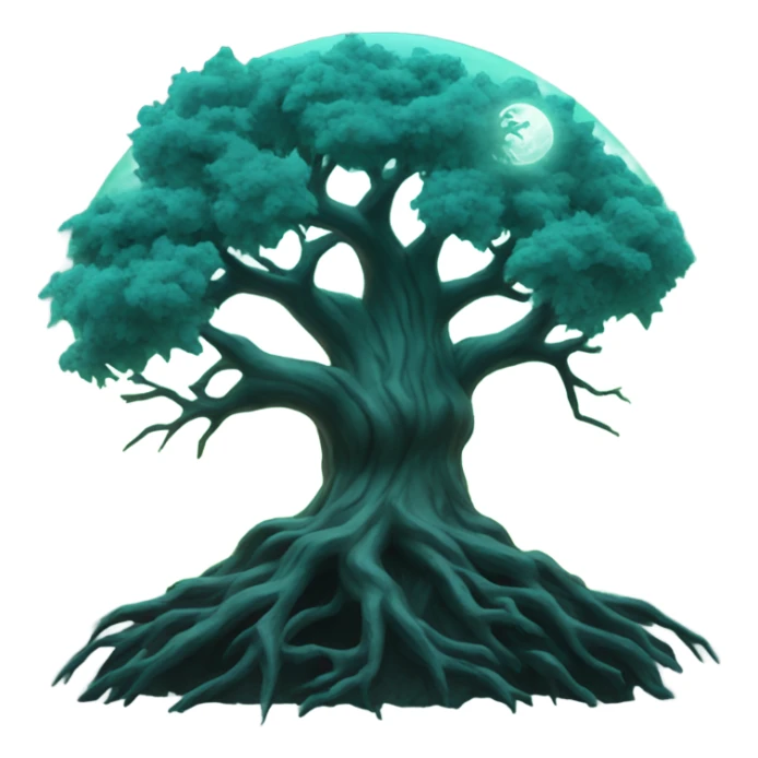 scary tree with teal moon in background illuminating sticker