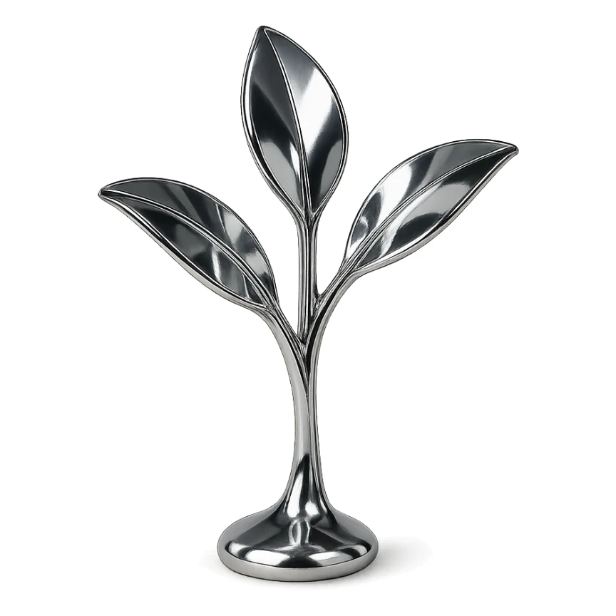 reflective chrome plant with three distinct petals sprouting from the ground, highly metallic sticker