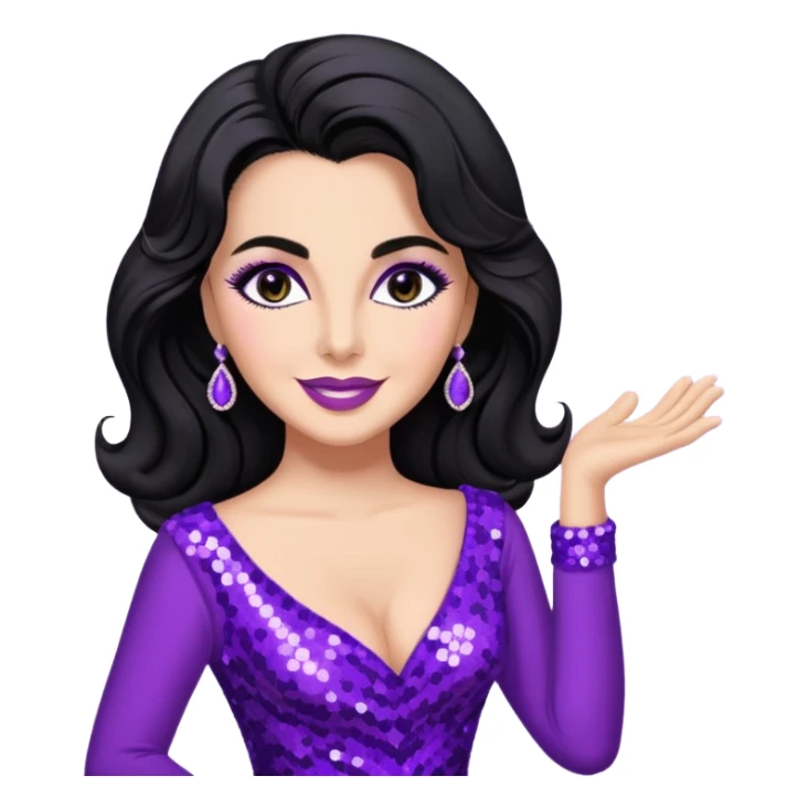 Elizabeth Taylor with long black hair, purple sequin outfit sticker