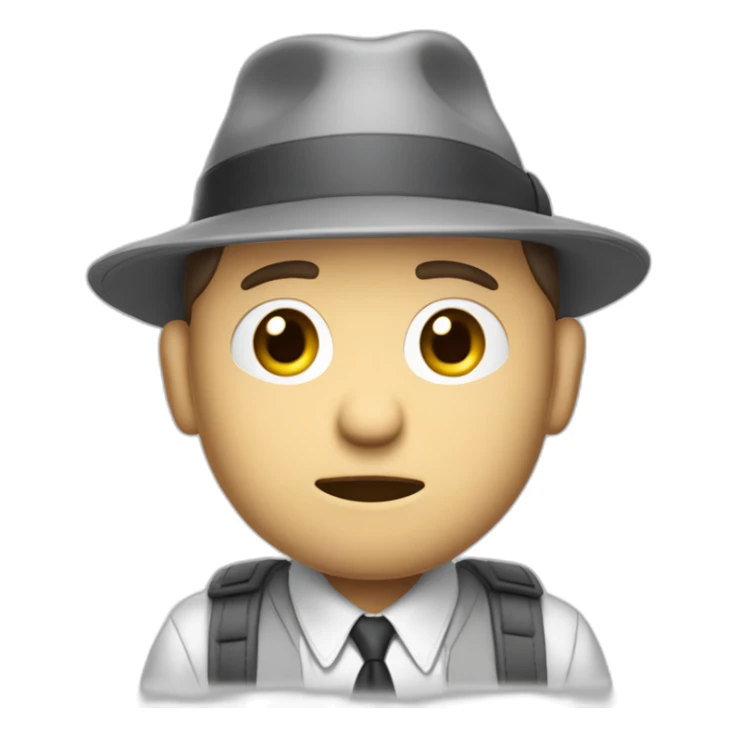tim robinson wearing a grey fedora with a grey flap on the back white shirt only looking scared and sad 3 quarter angle, hat has a flap of fabric on the back sticker