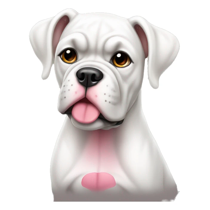 Sitting white boxer dog with pink nose sticker