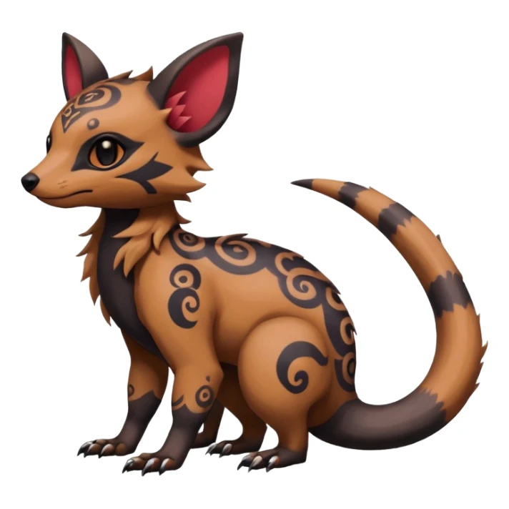 Rare warm-colored exotic cute epic aesthetic gothic colorful Salandit-Eevee-Civet-species-Fakemon-hybrid-creature, with intricate tattoo markings, full body sticker