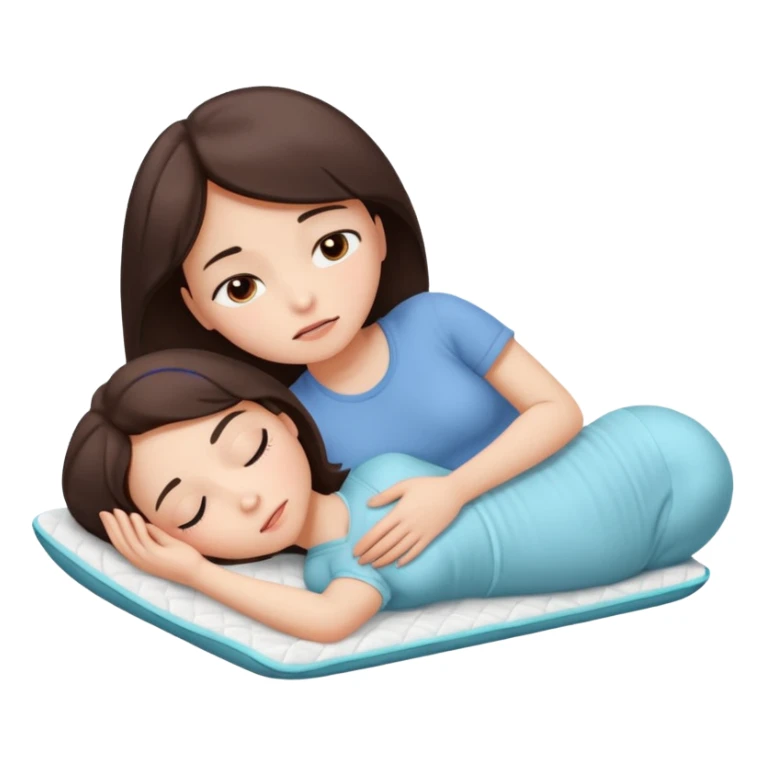  a brunette girl lying down on her side, holding a warm heating pad against her lower belly. She's uncomfortable and sad, her posture should show she’s having menstrual cramps. Use simple lines, rounded shapes, soft colors, and a clean emoji aesthetic. Make it expressive but still adorable sticker