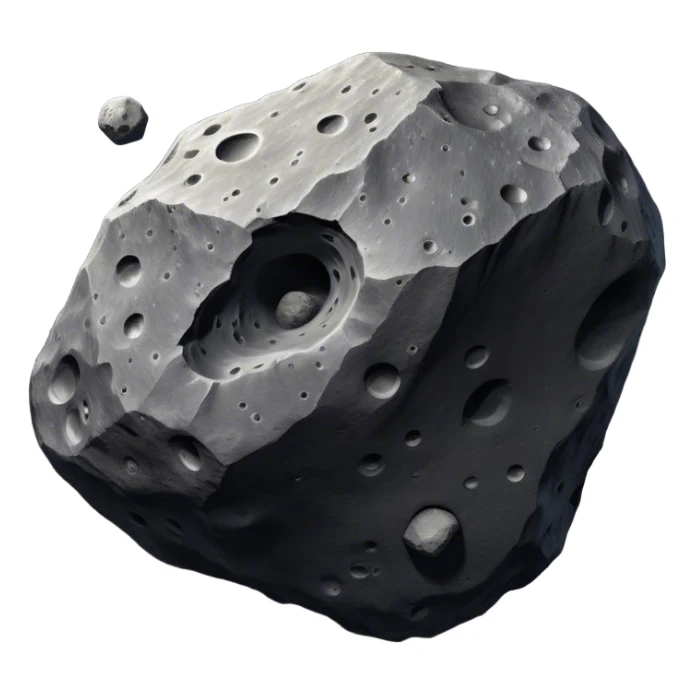  Cinematic Realistic Asteroid – A massive, irregularly shaped rock floating through the void, its cratered and pitted surface showing signs of ancient impacts. The harsh light from a nearby star reveals detailed textures and rugged, jagged edges. sticker