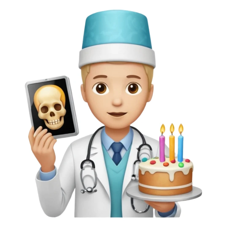 doctor emoji holding X-ray, birthday hat with cake on top. sticker