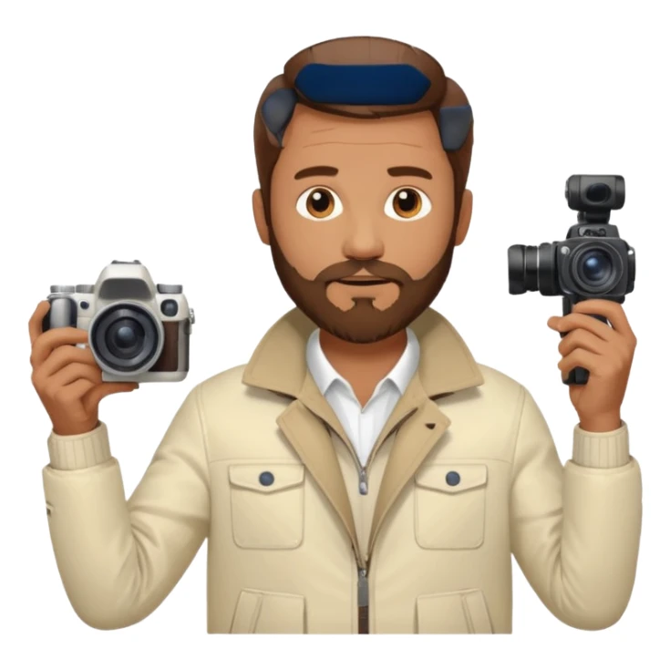 Middle-age male, brown beard and hair, holding camera, off white jacket
 sticker