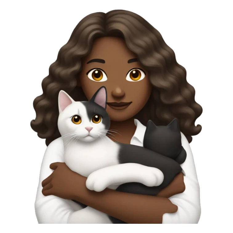 long wavy haired brown skin woman holding black and white cat sticker