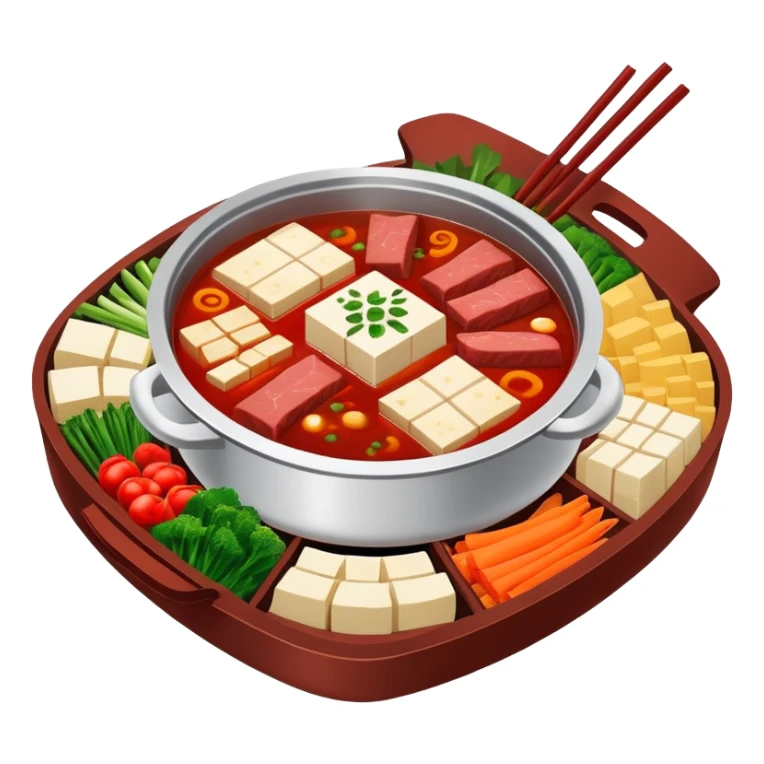 Chongqing Nine-grid Hot Pot with divided sections and spicy red broth, simplified emoji style with bold outlines and bright colors, cartoon style square Jiugongge Huoguo sticker