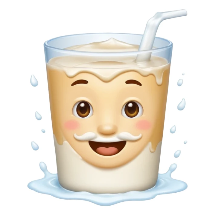 smiling face with milk mustache and splashes, cute and humorous, emoji style, suitable for emoji use sticker