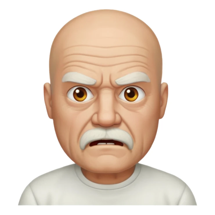 a portrait of angry elderly man, bald head, beard, wearing shirt sticker