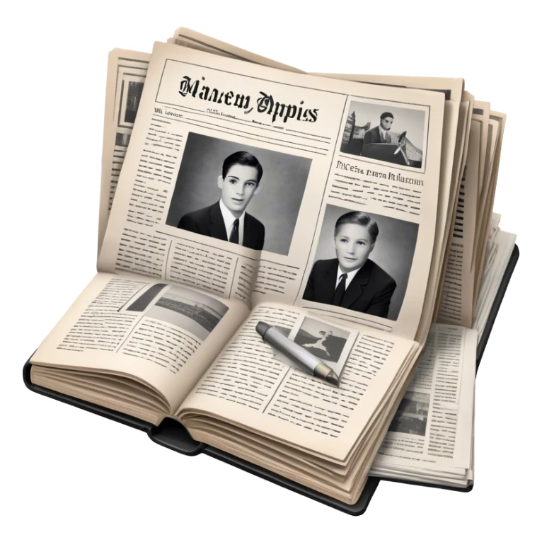 Icon for Non-Fiction & Narrative Reading: an open book with black-and-white photos on the pages, surrounded by a pile of newspaper clippings, and an open folder with top-secret documents. The icon should reflect the blend of real stories and facts in non-fiction literature. Transparent background. sticker