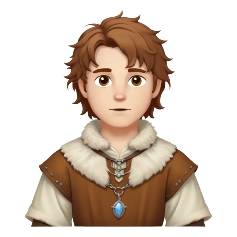 medieval spring outfit worn by a DnD themed fantasy male character. cotton tunic with sleeves rolled to the elbow, featuring a light fur-lined collar for chilly mornings. clothes only above the waist. The clothes full waist. The character's haven't arms. character is white-skinned, chestnut brown hair, amber eyes, shoulder-length messy hair. sticker