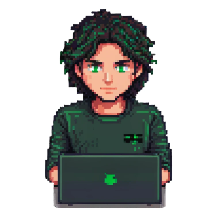 man with dark hair and green eyes working on a laptop, simple background, pixel art style sticker