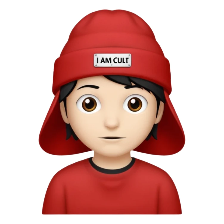 Red hat that says "I AM IN A CULT" in white text sticker