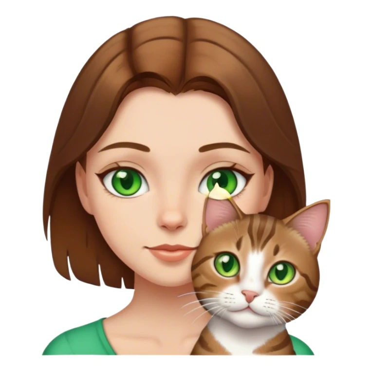 white girl with brown hair green eyes with a tabby cat sticker